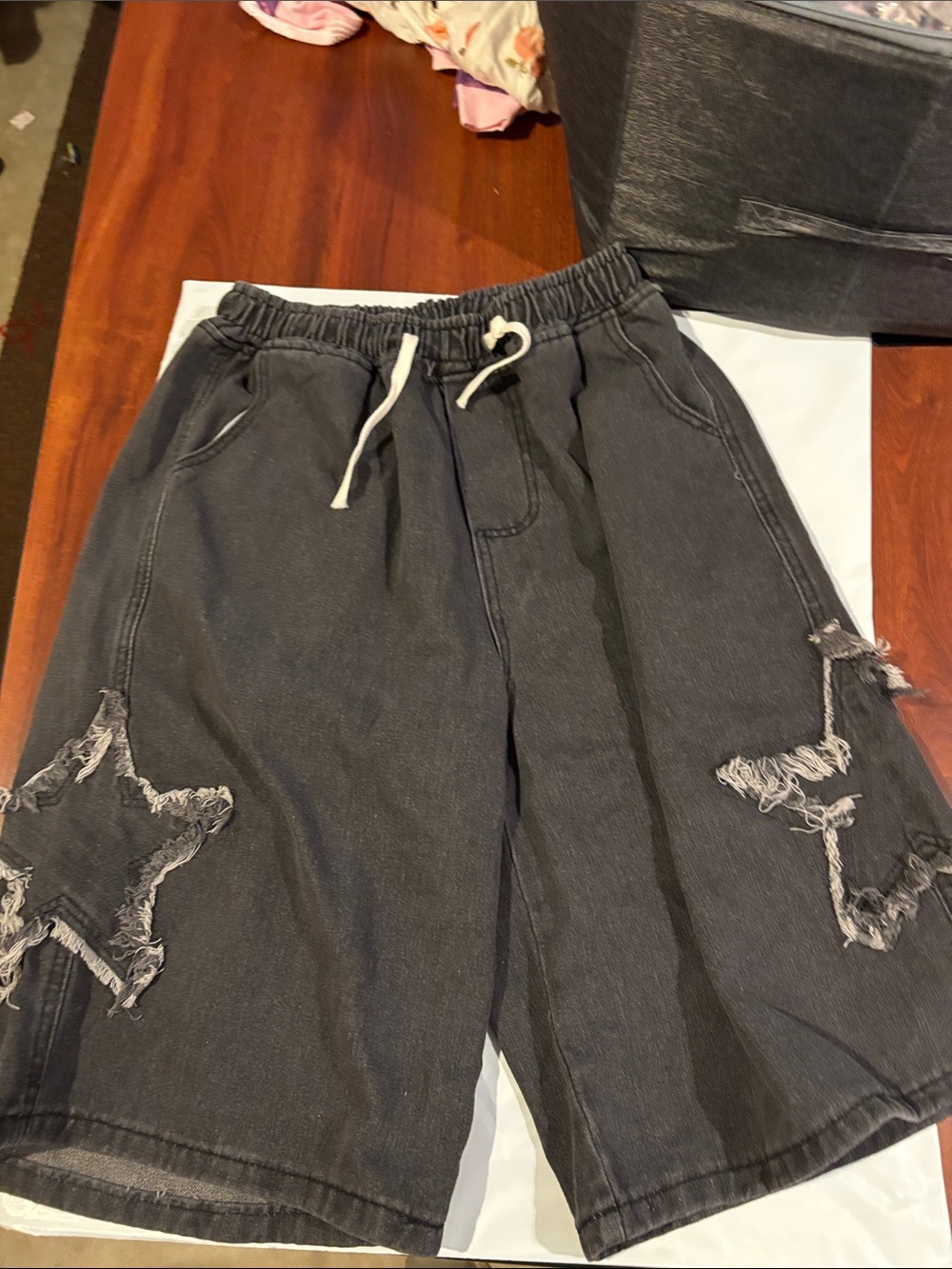 Kids Drawstring Denim Shorts with Distressed Star Patch - Black xl